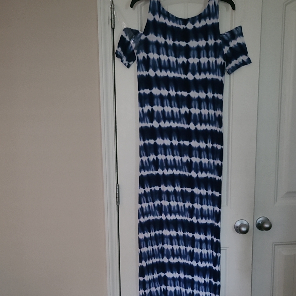 Blue and White Cold Shoulder Maxi Dress